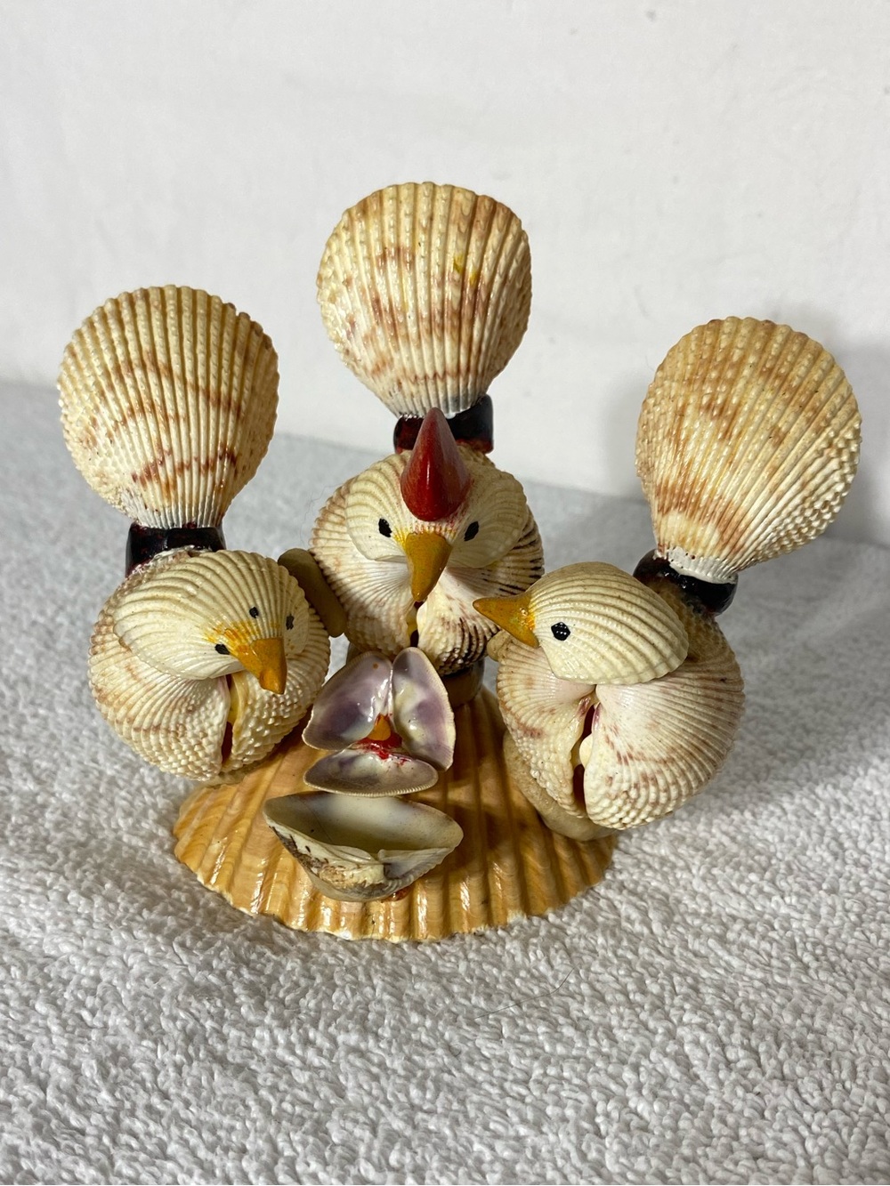 Vintage 70s Kitsch Seashell Beach Souvenir Folk Art Rooster And Birds Figurine